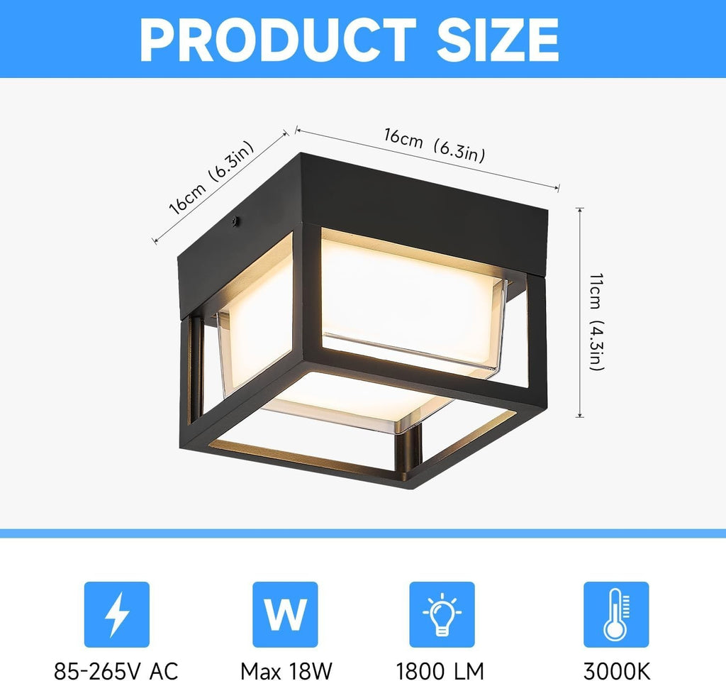 Outdoor Porch LED Ceiling Flush Mount Lights, Black Square Exterior Wall Mount