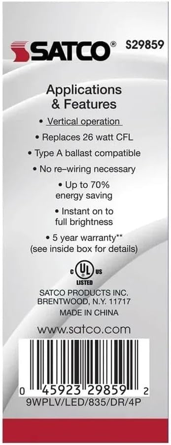 Satco S29859 9W LED PL 4-Pin Light Bulb; 3500K; 1050 Lumens; G24q Base