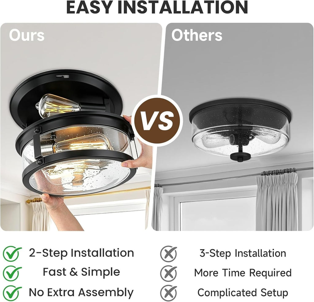 2-Light Farmhouse Black Flush Mount Ceiling Light Fixtures | Metal Frame