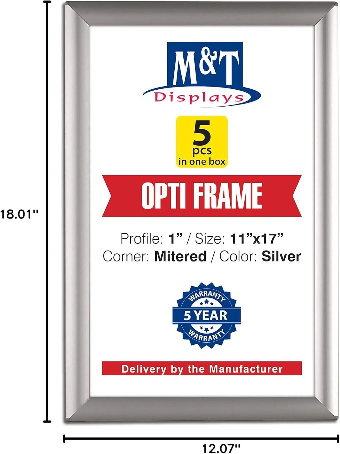 M&T Displays Opti Snap Poster Frame 11x17 Inch Silver 1" Aluminum Profile Front