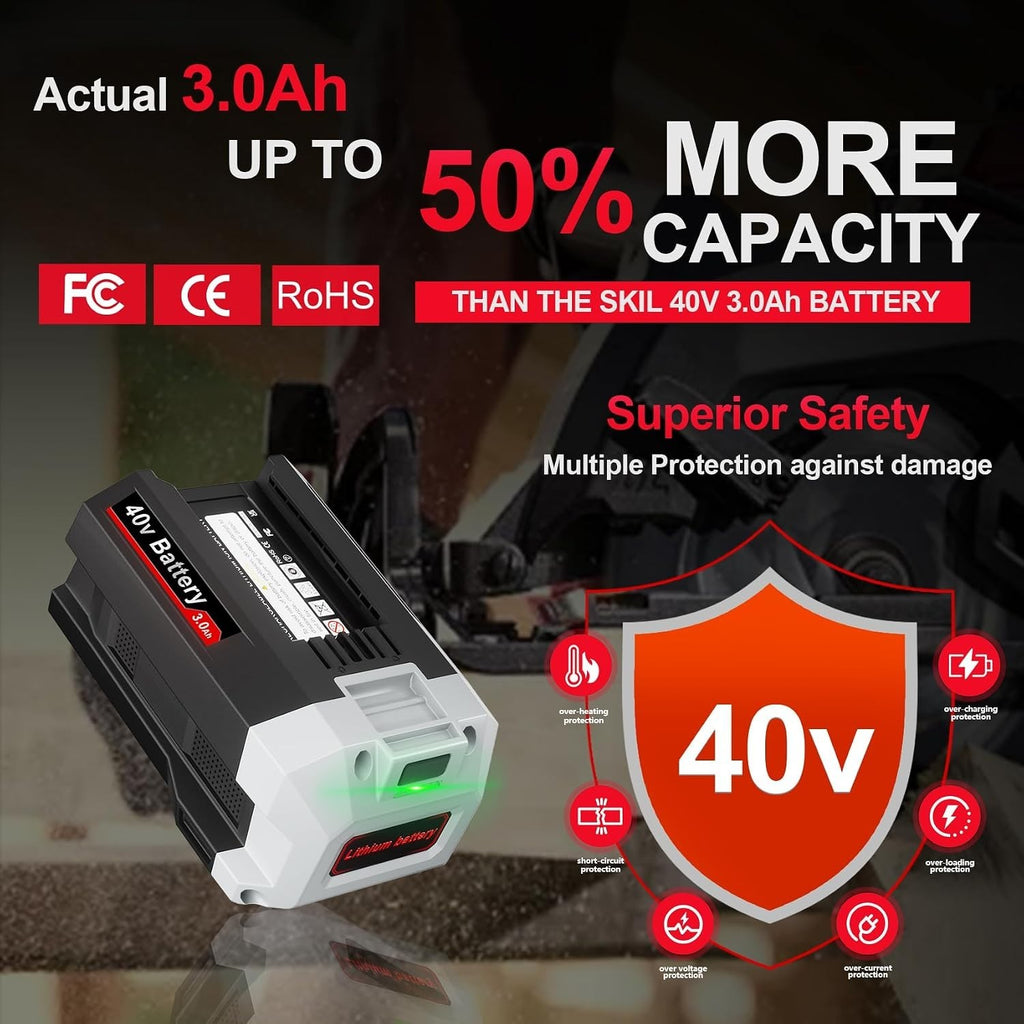 BY8706-00 40V 3.0Ah Lithium Battery, Replacement for SKIL PWRCore 40 Battery
