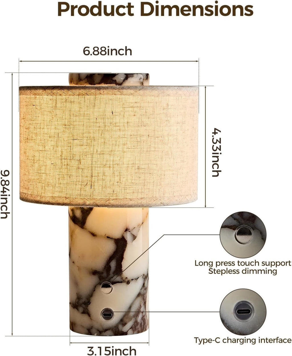 Lynthenia Calacatta Viola Marble Table Lamp, Rechargeable Cordless Touch Dimmabl