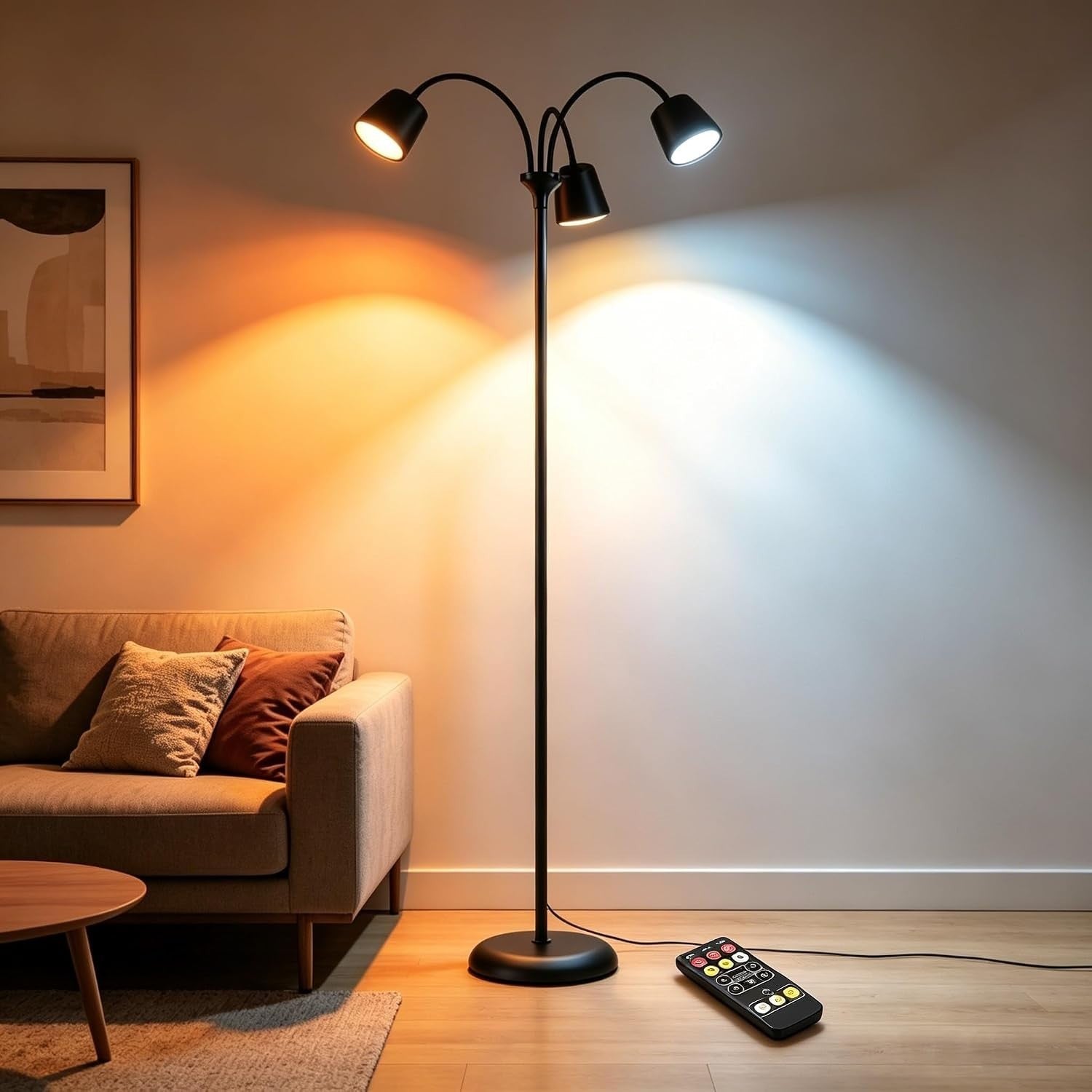 gevaabu LED Tree Floor Lamp, 3 Rotatable Lights Standing Lamp with Remote