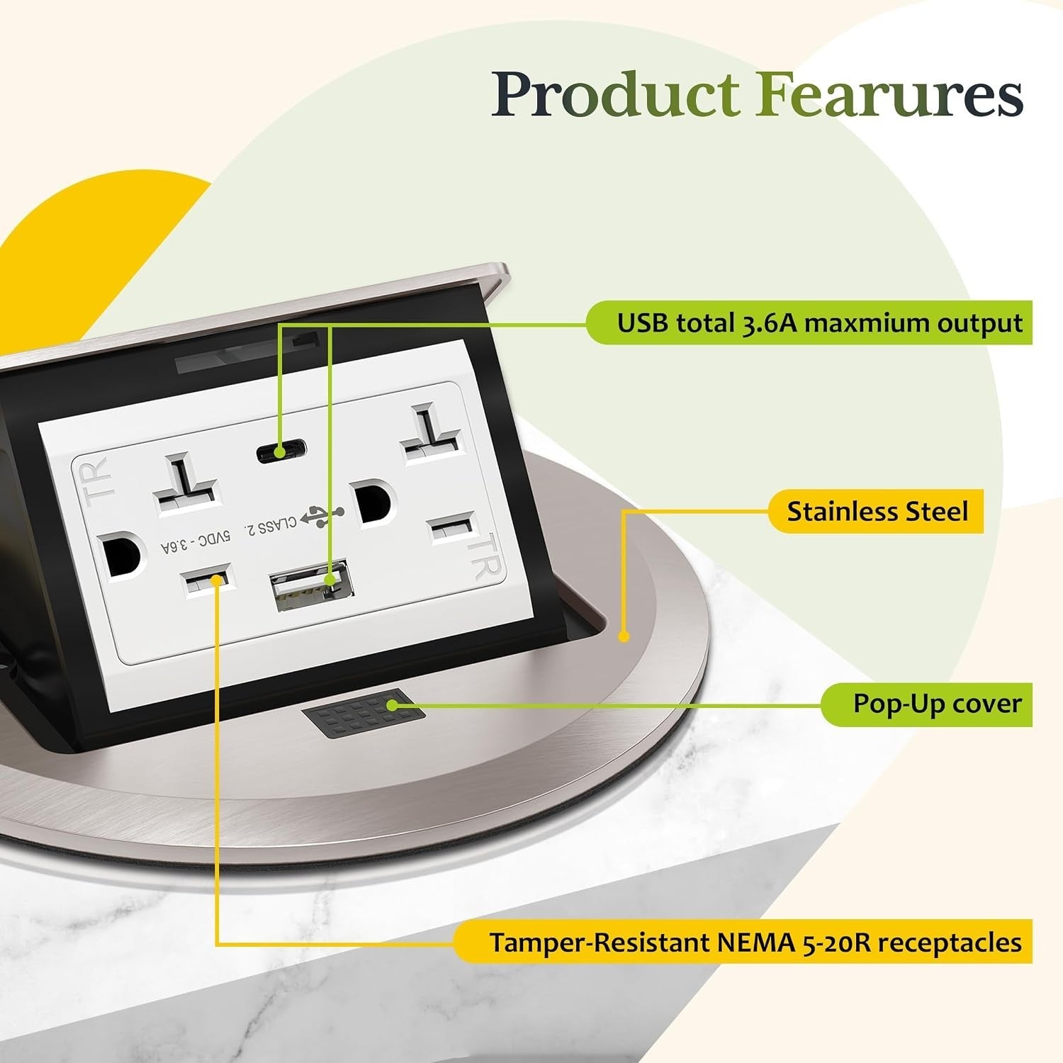 TG Pop-Up Round Floor Box w/USB-A/C & 20A Outlet, Nickel Plated Brass
