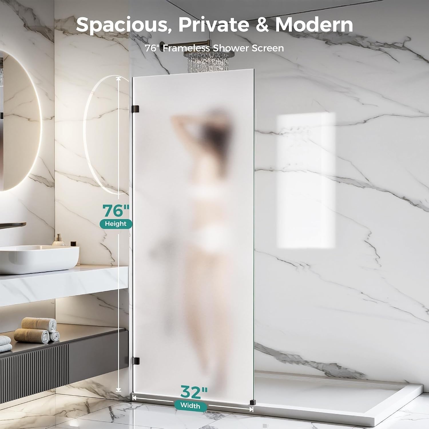 Shower Glass Panel 32" W x 76" H, 10MM Frosted Glass Shower Door