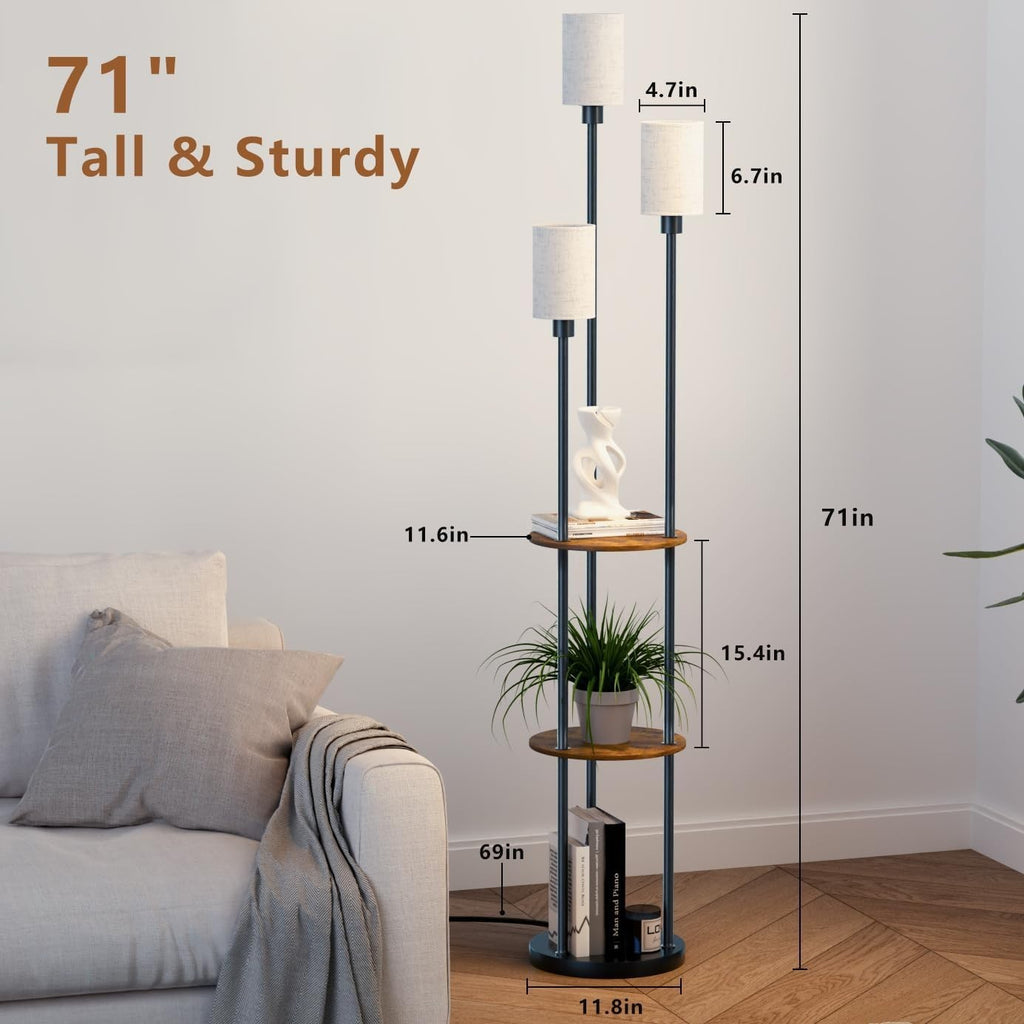 Floor Lamp with Shelves, 71" Tall Modern Standing Lamp with Table | 3Light, 3-Ti
