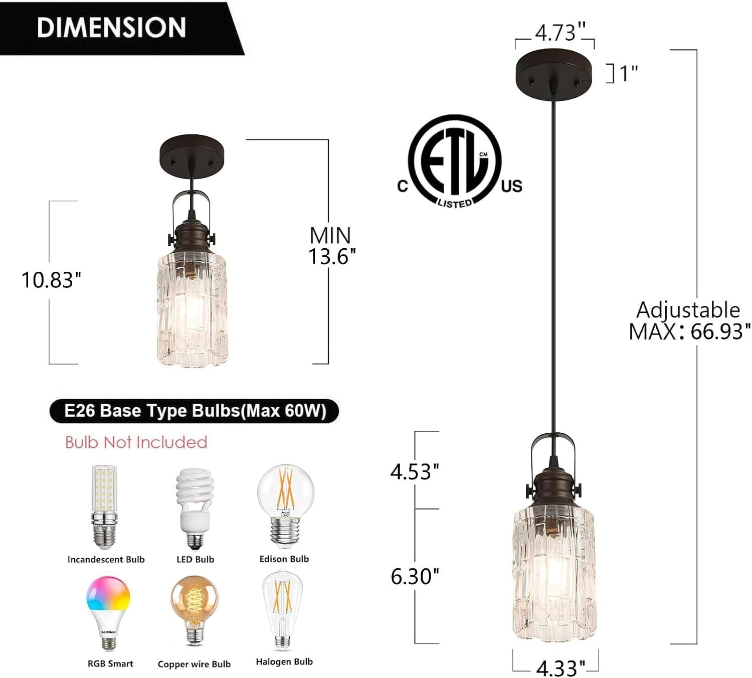 Refice Glass Pendant Lights Kitchen Island, Oil Rubbed Bronze Hanging Lighting w