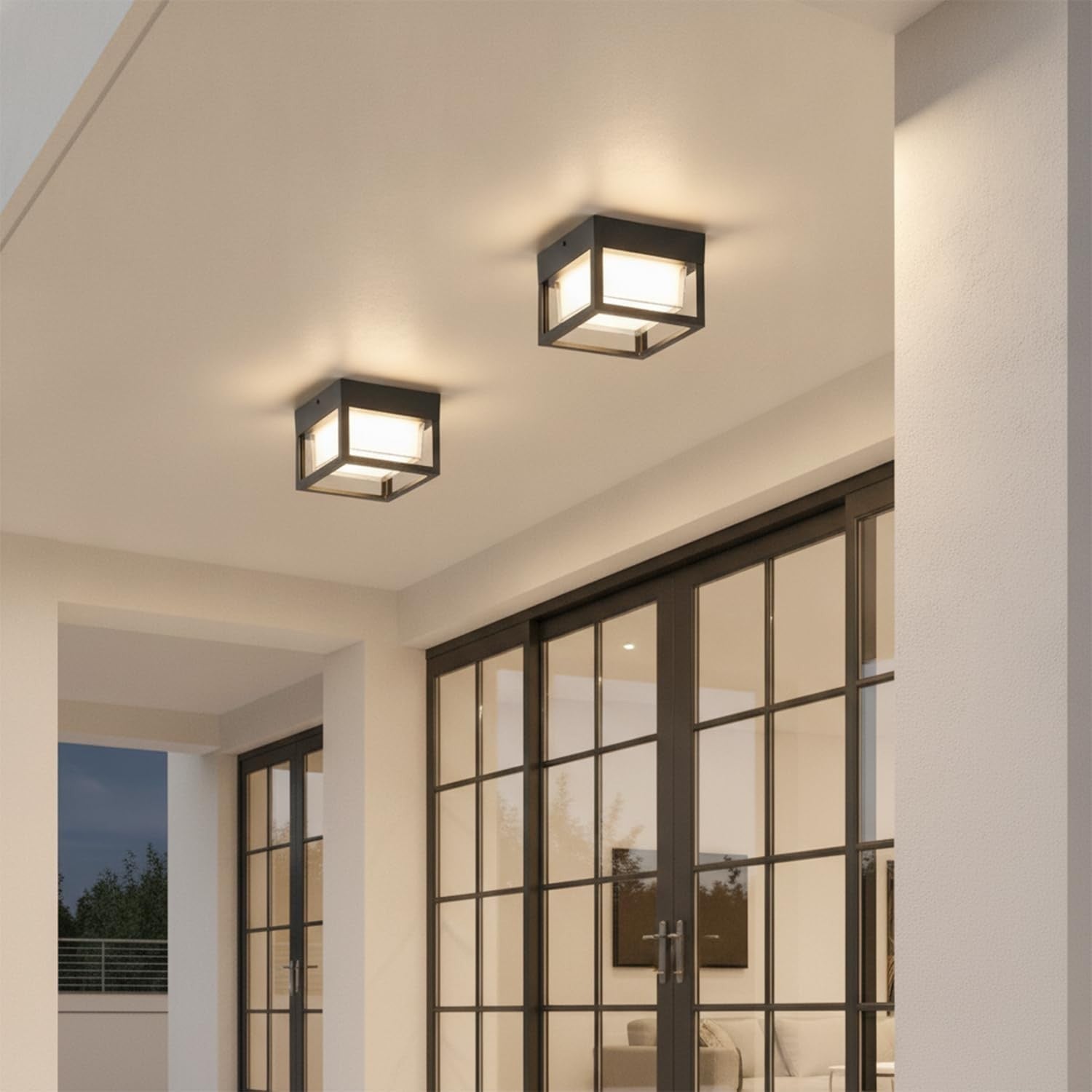 Outdoor Porch LED Ceiling Flush Mount Lights, Black Square Exterior Wall Mount