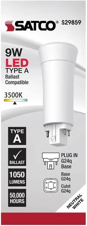Satco S29859 9W LED PL 4-Pin Light Bulb; 3500K; 1050 Lumens; G24q Base