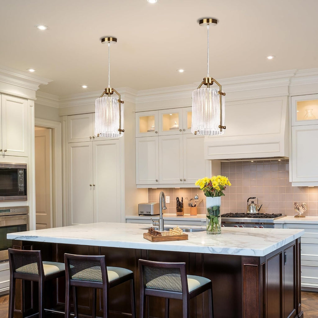 Small Gold Pendant Light Fixtures with Textured Grid Glass Lampshade for Kitchen