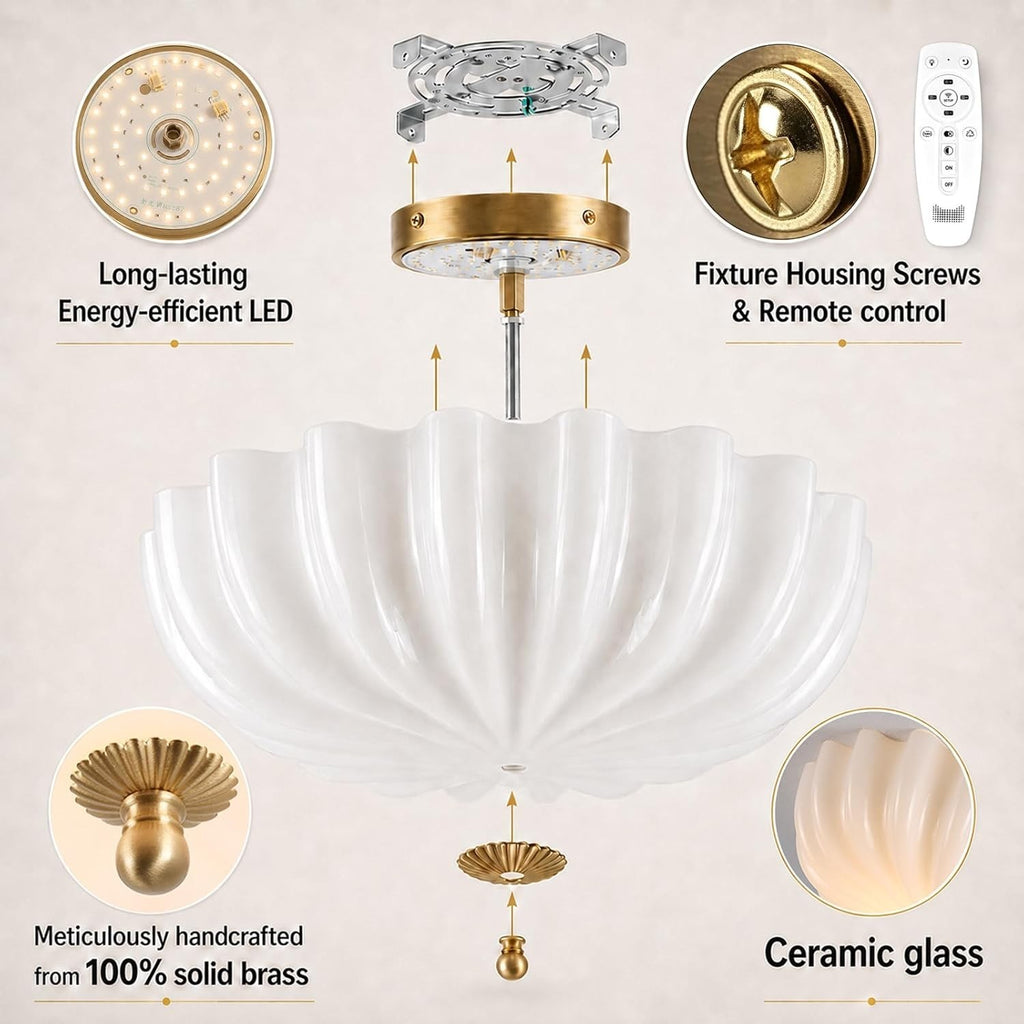 Handcrafted Opal Glass and Champagne Brass LED Dimmable Light with Remote