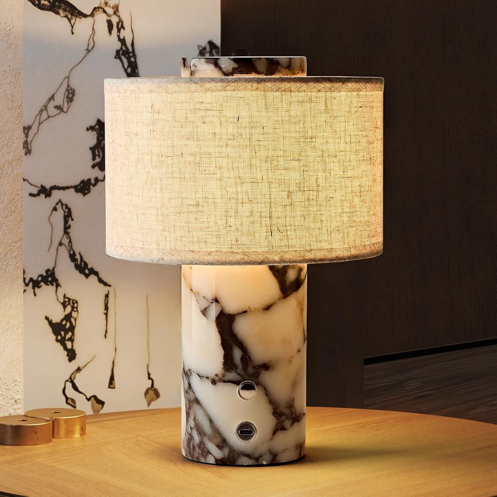 Lynthenia Calacatta Viola Marble Table Lamp, Rechargeable Cordless Touch Dimmabl