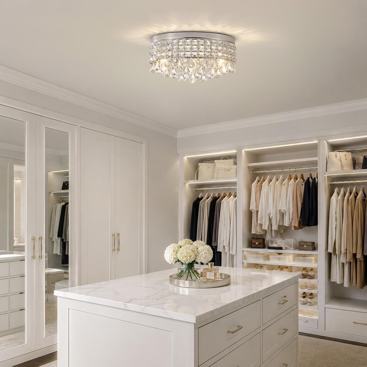 Chandelier | Luxury Glam Bling Round Ceilings Light Fixture, Raindrop Drum Flush