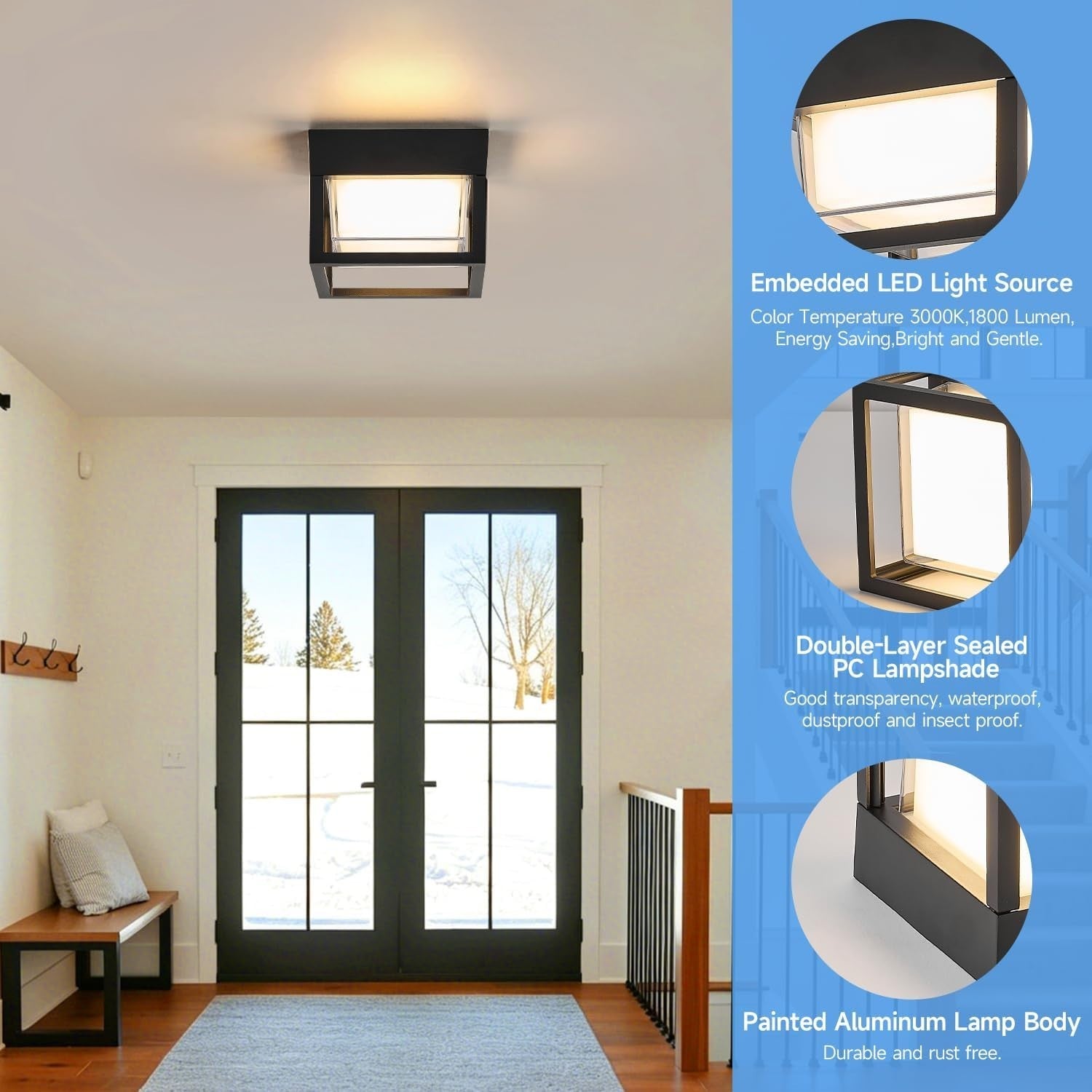 Outdoor Porch LED Ceiling Flush Mount Lights, Black Square Exterior Wall Mount