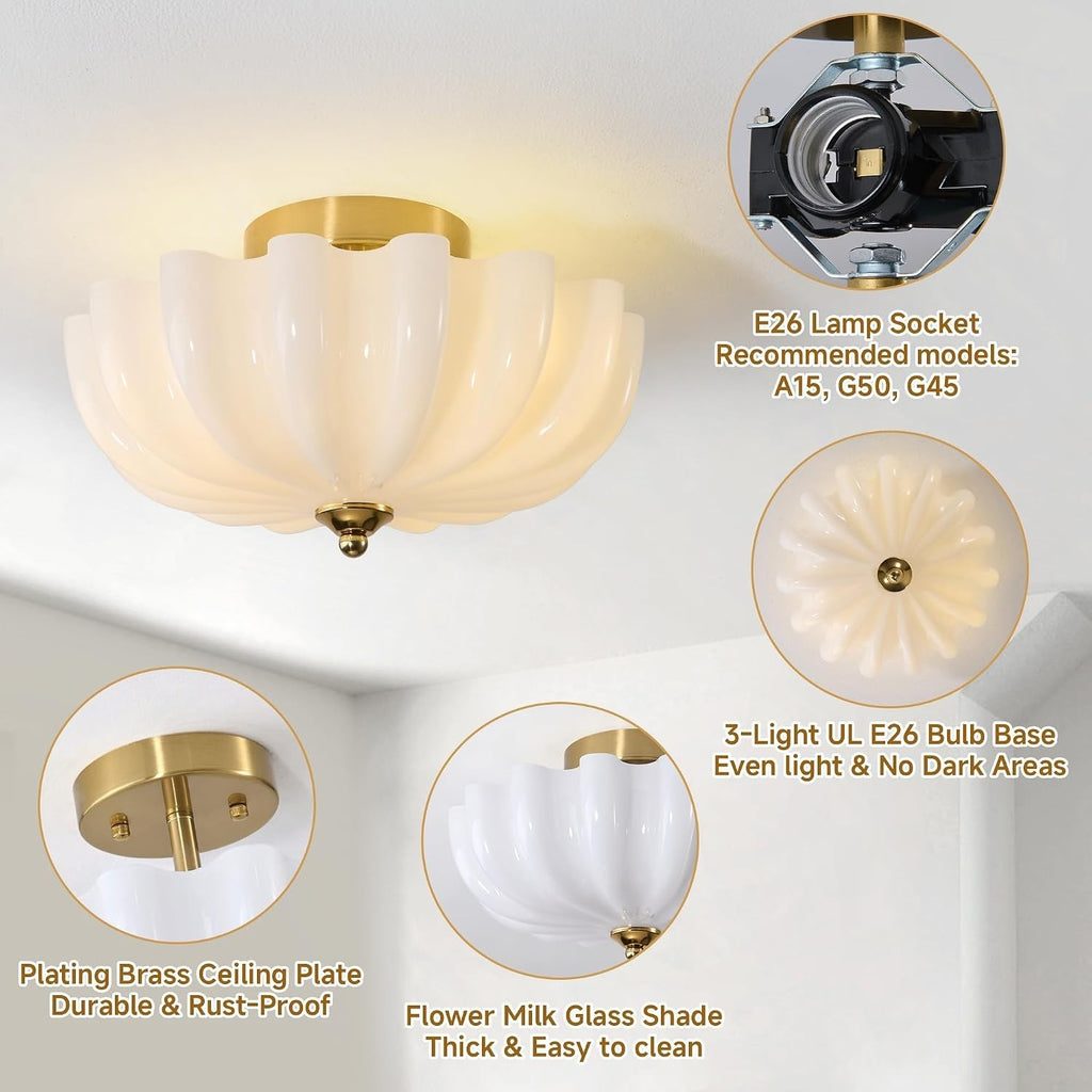12" Milk Glass Semi Flush Mount Ceiling Light -Vintage Schoolhouse Lighting