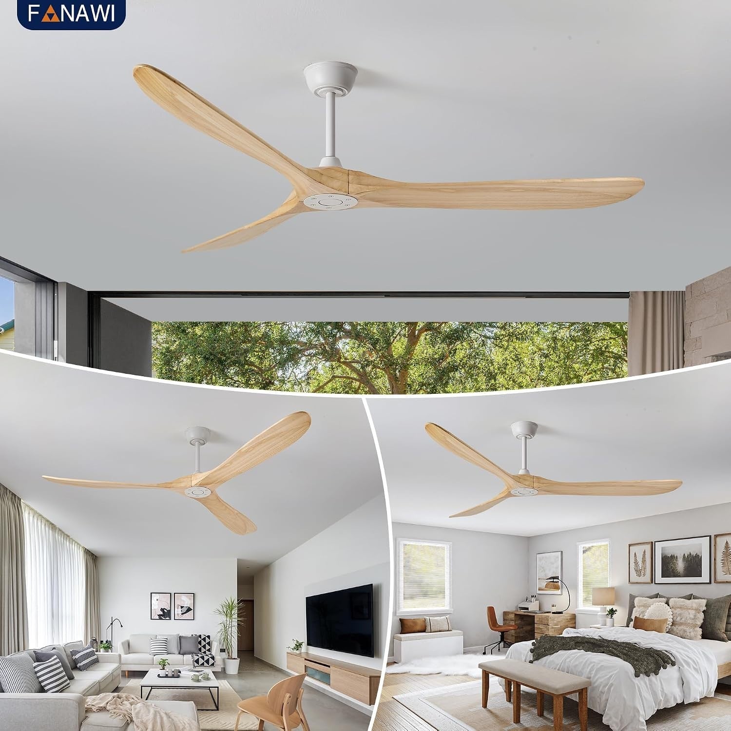 Fanawi 72 Inch Solid Wood 3 Blade No Light Ceiling Fan