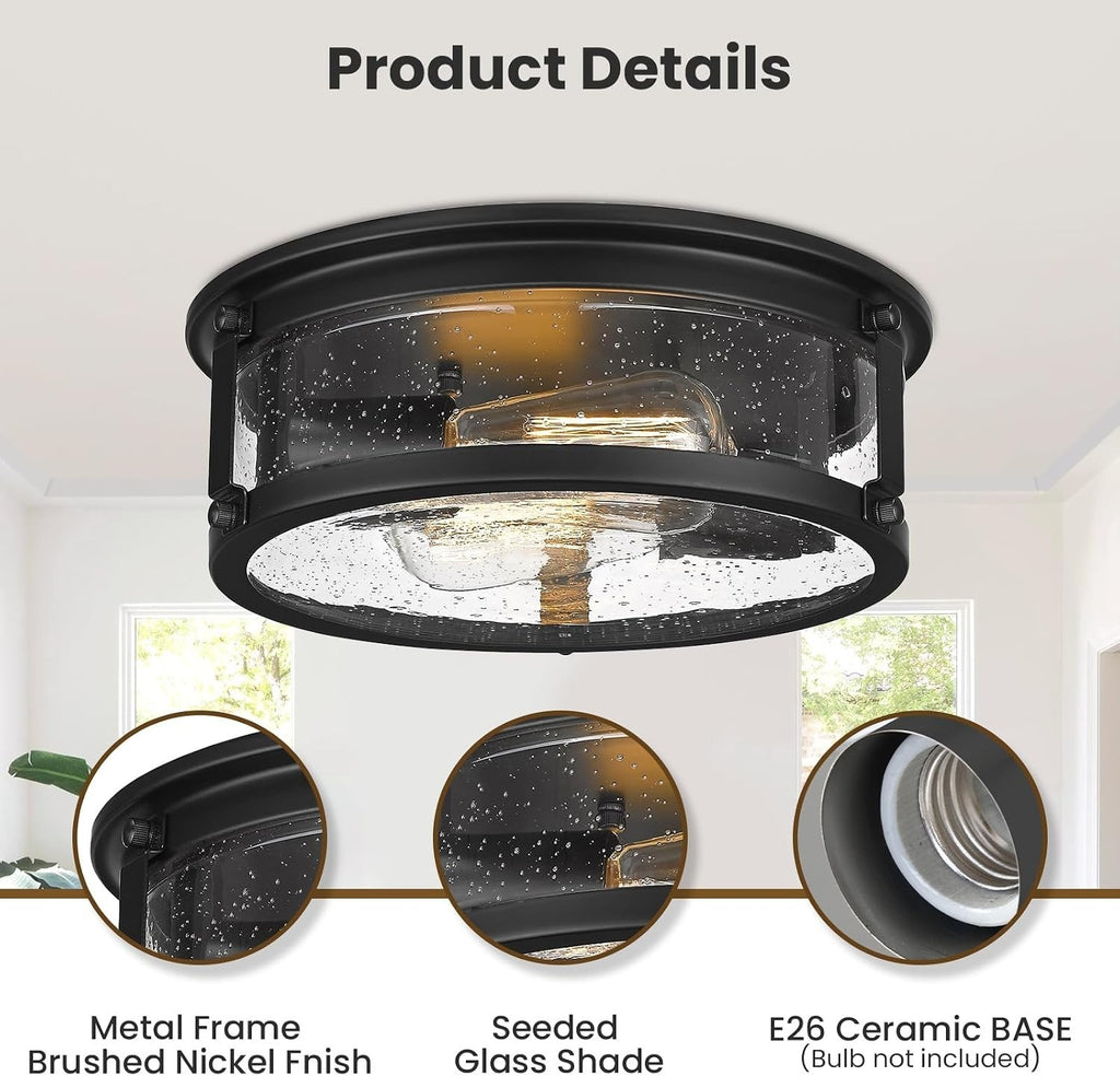 2-Light Farmhouse Black Flush Mount Ceiling Light Fixtures | Metal Frame