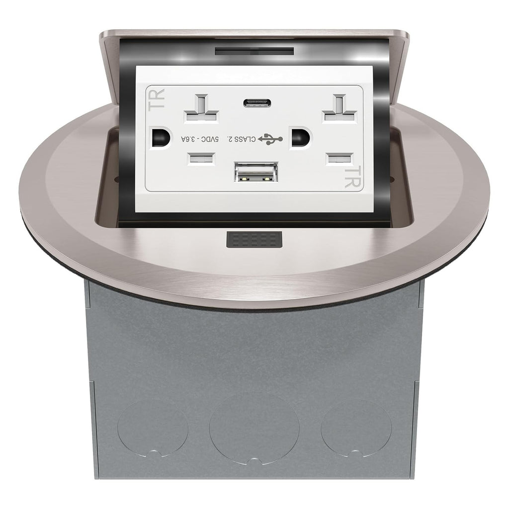 TG Pop-Up Round Floor Box w/USB-A/C & 20A Outlet, Nickel Plated Brass