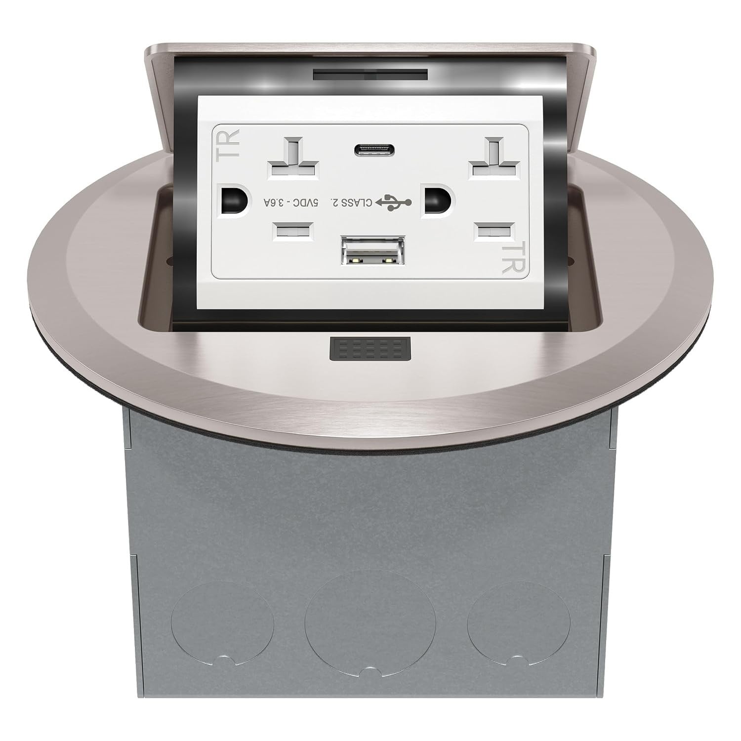 TG Pop-Up Round Floor Box w/USB-A/C & 20A Outlet, Nickel Plated Brass