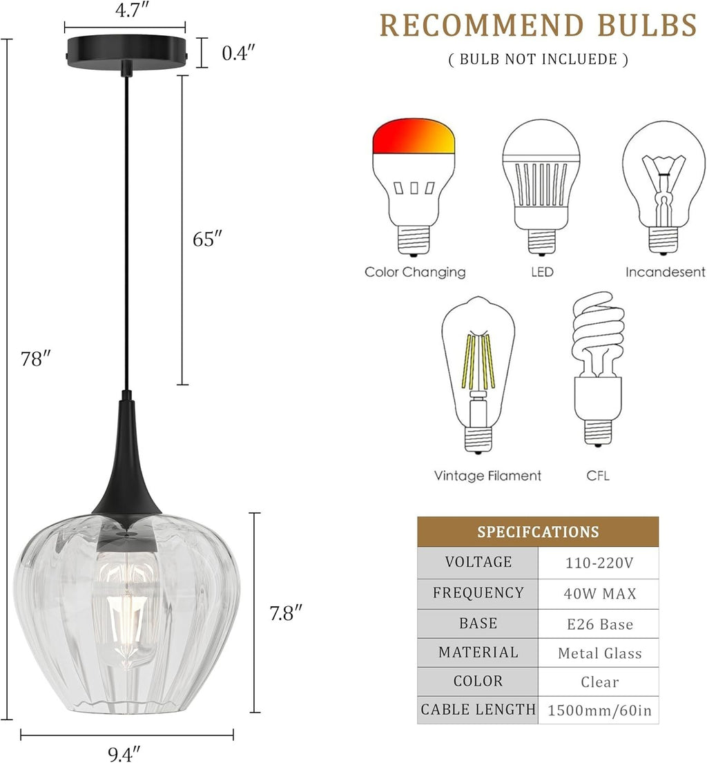 Glass Pendant Lights Kitchen Island Black and Clear Textured Globe