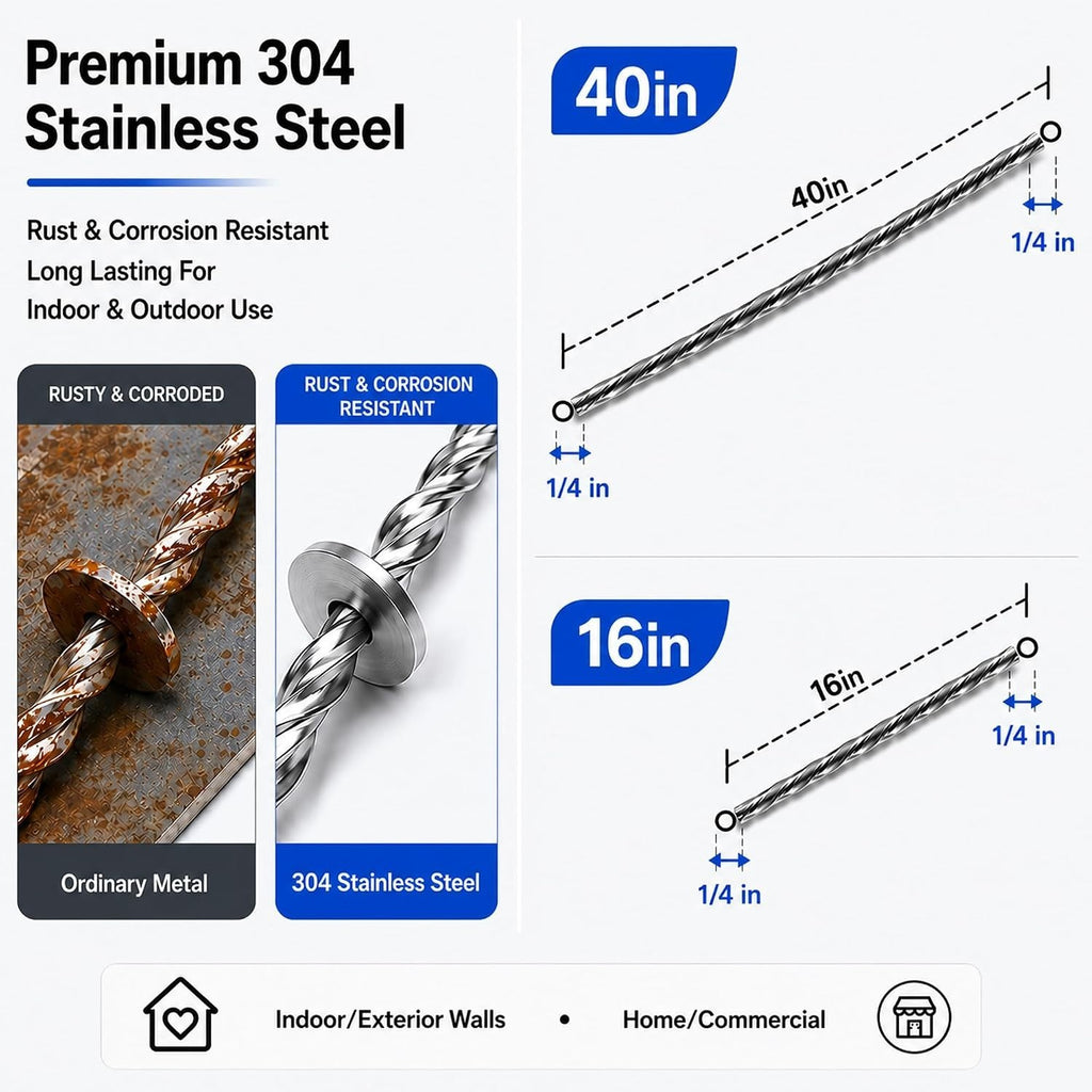 CORETIDI 25 Pack Helical Wall Ties, 40" x 1/4" Stainless Steel Helical Stitching