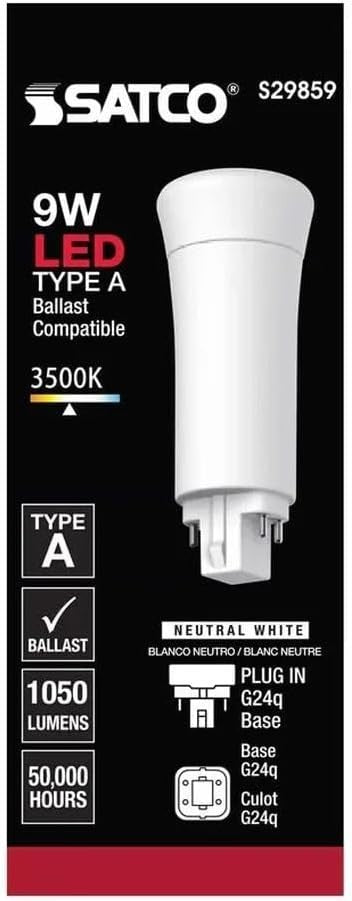 Satco S29859 9W LED PL 4-Pin Light Bulb; 3500K; 1050 Lumens; G24q Base