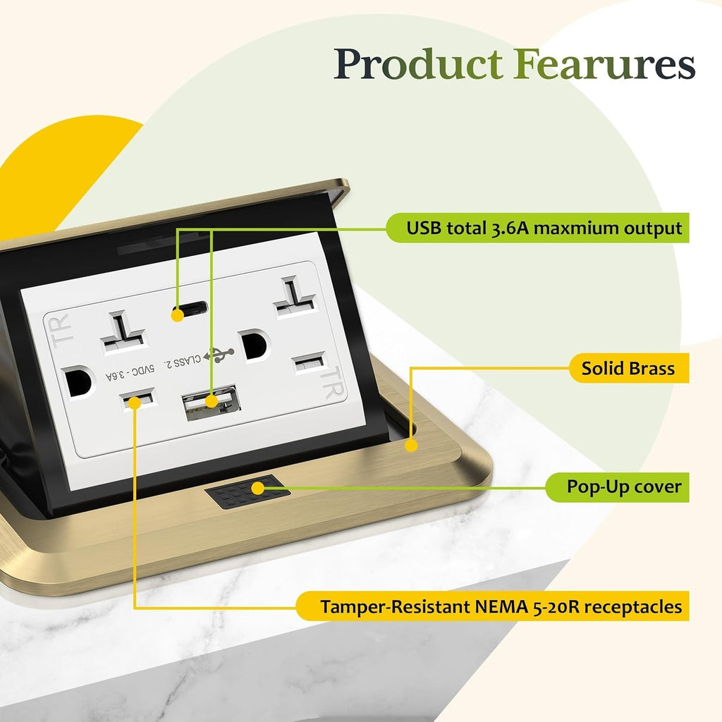 TG Square Pop-Up Floor Box Kit with USB-A/C & 20A Outlet, Brass | 3.6A USB-A/C c