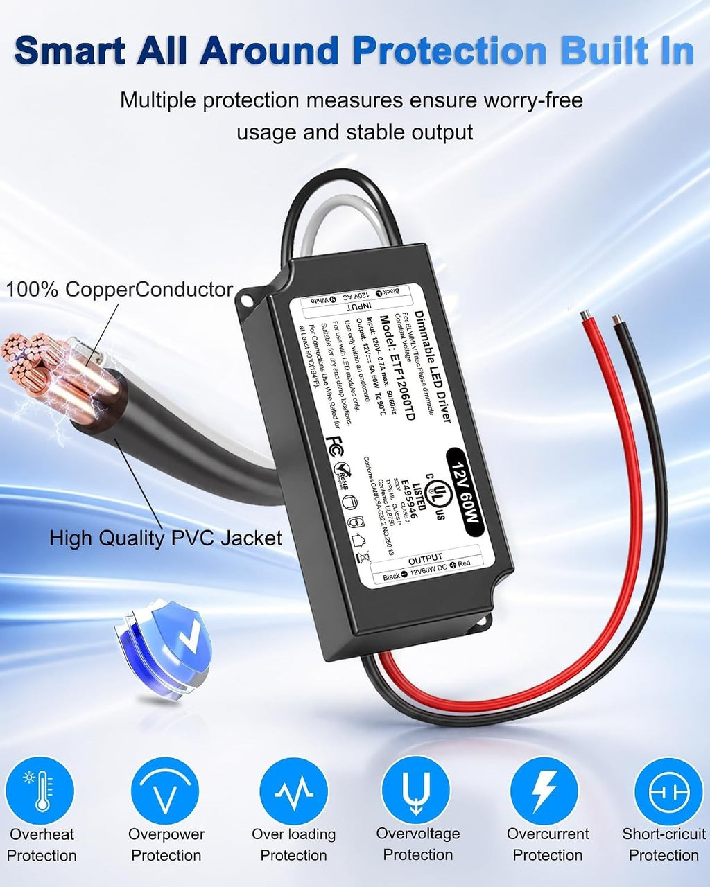12V Dimmable LED Driver 60W UL&FCC Listed Class 2, Triac ELV/MLV AC 120V to DC 1