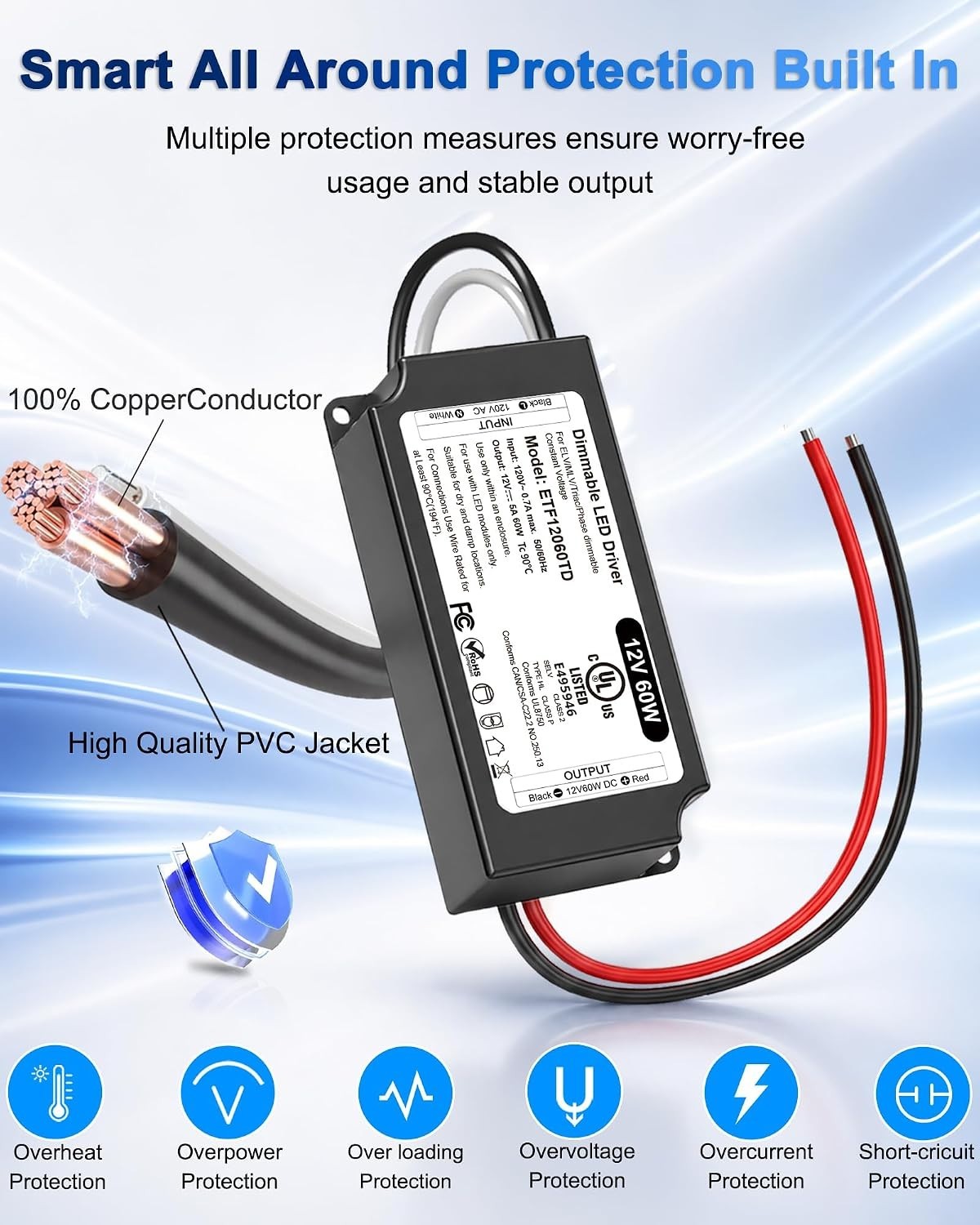 12V Dimmable LED Driver 60W UL&FCC Listed Class 2, Triac ELV/MLV AC 120V to DC 1