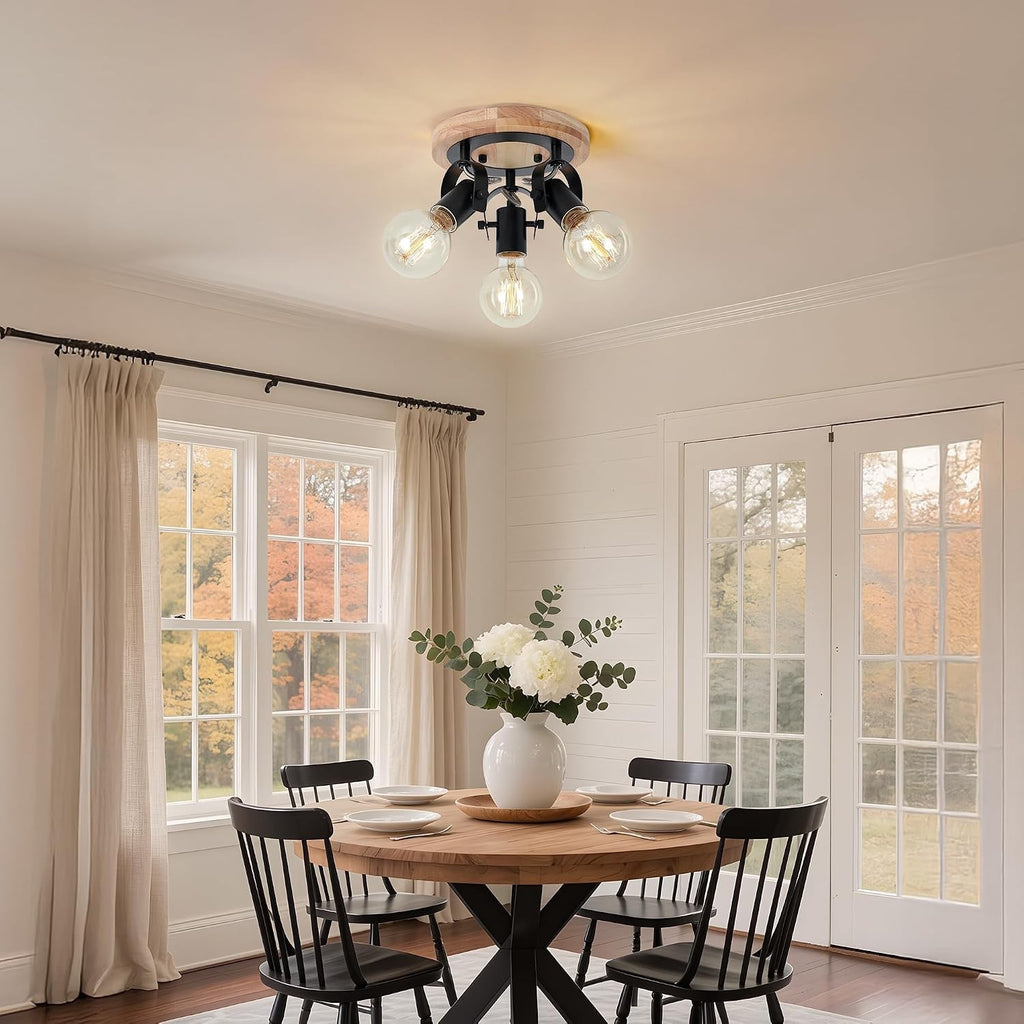 3-Light Black Track Lighting with Genuine Wood Base, 7.8" Rustic Farmhouse