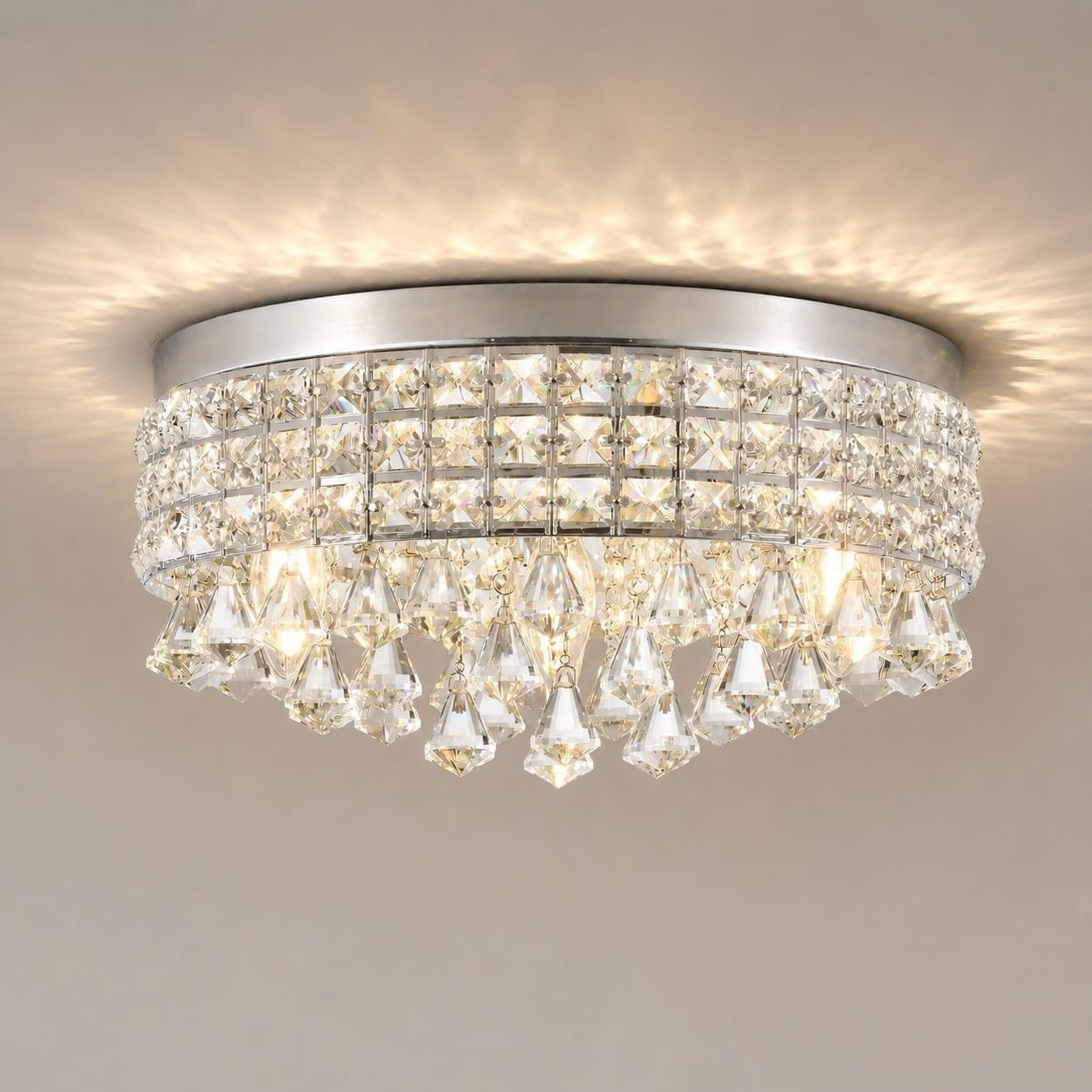 Chandelier | Luxury Glam Bling Round Ceilings Light Fixture, Raindrop Drum Flush