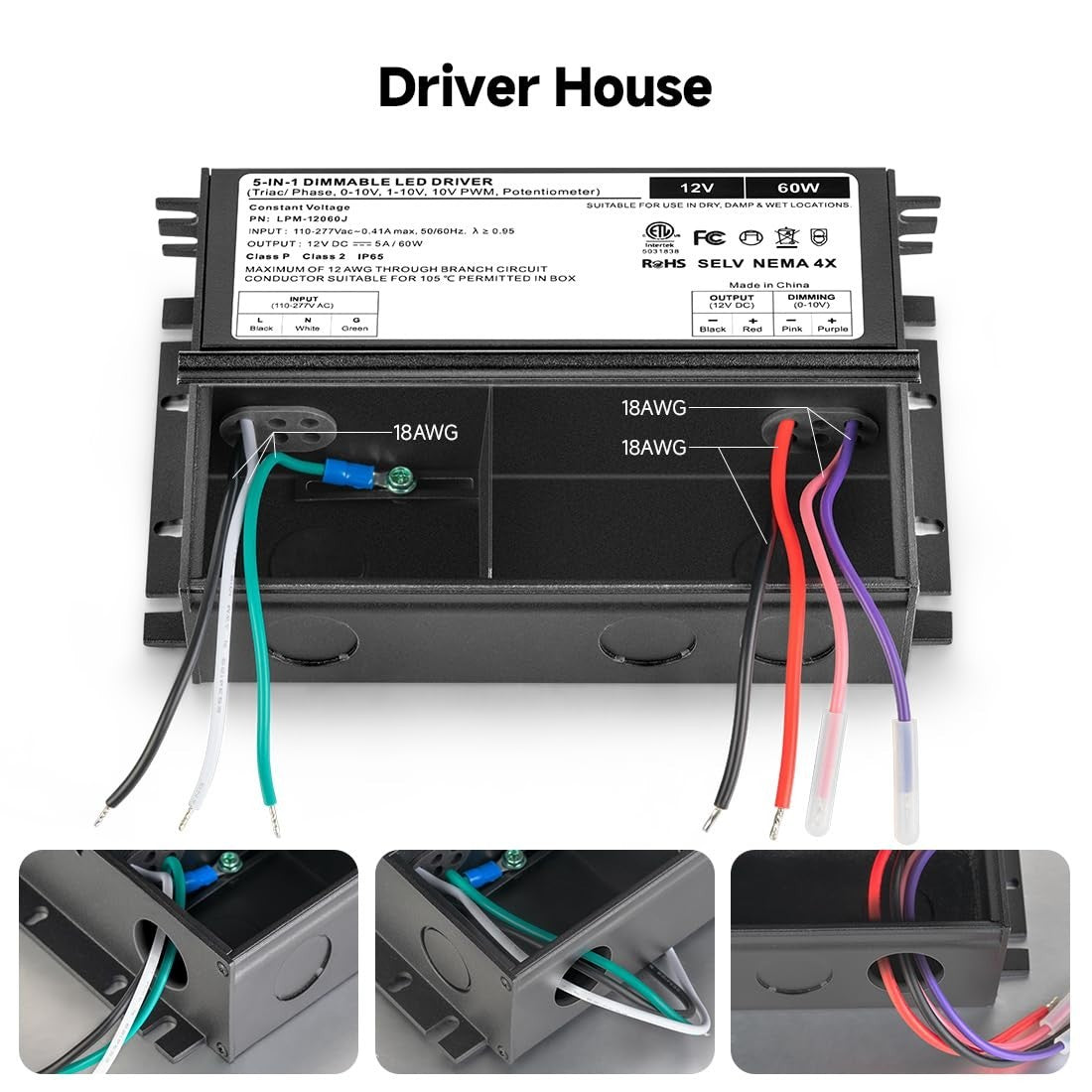 12V Dimmable LED Driver 60W UL&FCC Listed Class 2, Triac ELV/MLV AC 120V to DC 1