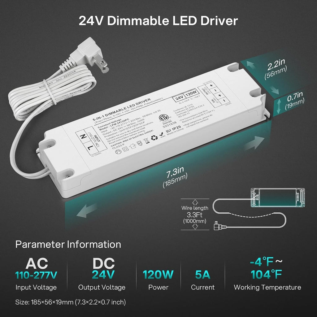 24V 120W Dimmable LED Driver, AC 120V to DC 24V Transformer
