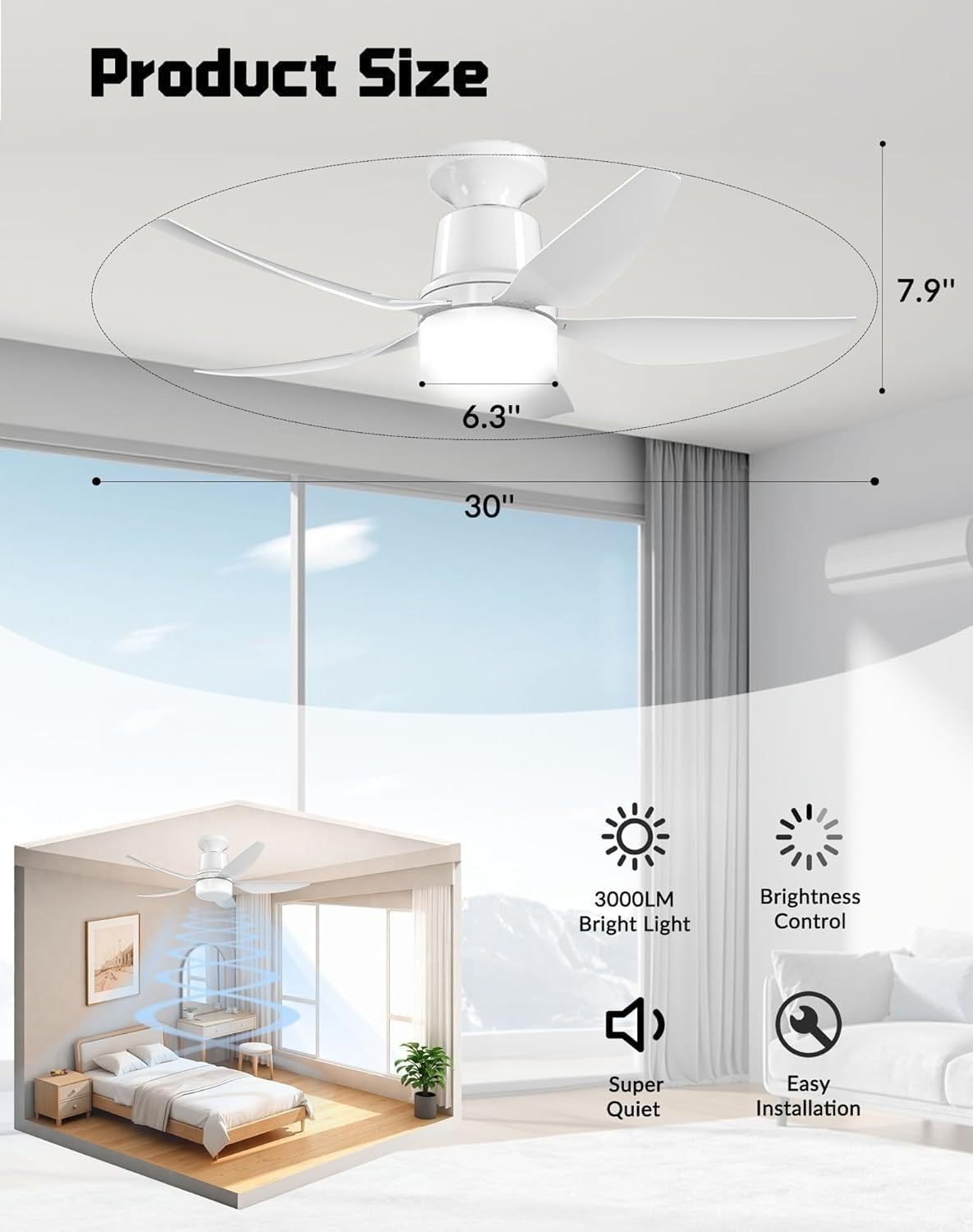 30" E26 Socket Fan Light with Remote, Low Profile Flush Mount Ceiling Fan, 3000K