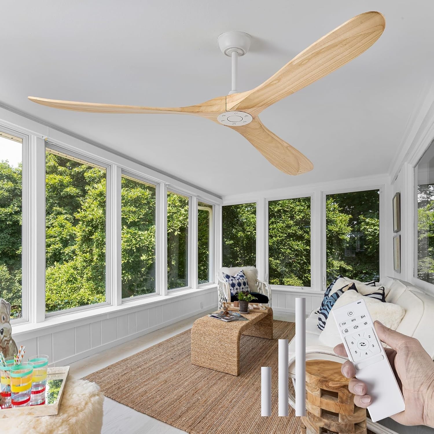 Fanawi 72 Inch Solid Wood 3 Blade No Light Ceiling Fan