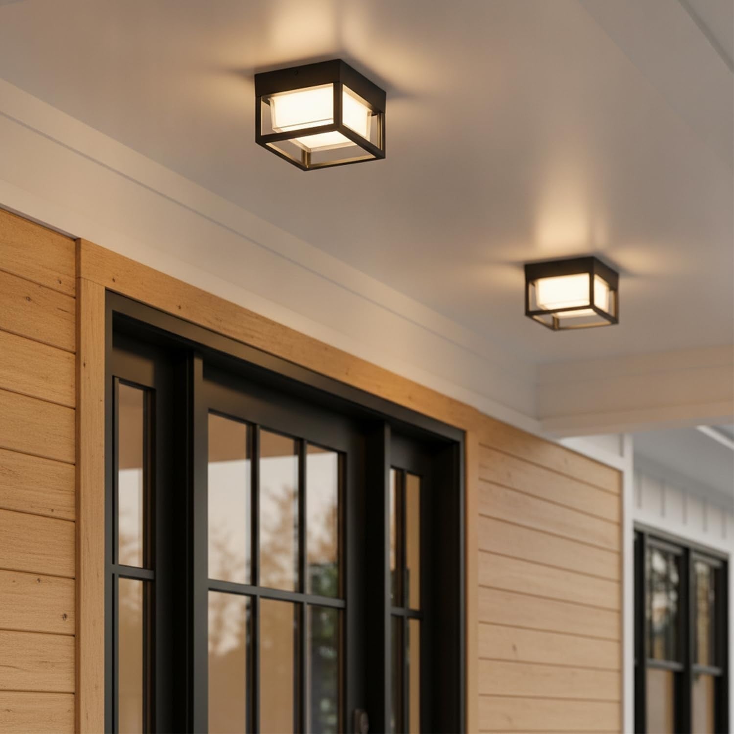 Outdoor Porch LED Ceiling Flush Mount Lights, Black Square Exterior Wall Mount