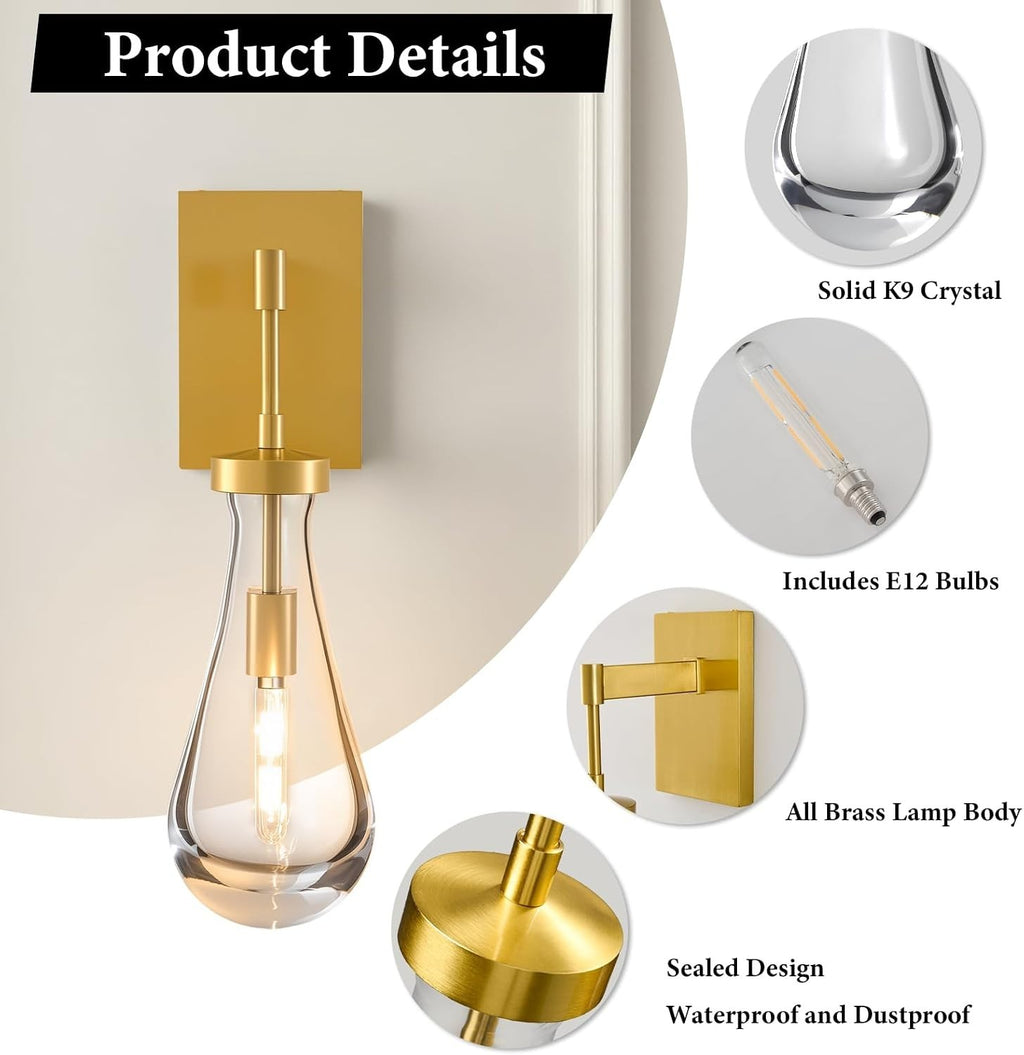 Raindrop Brass Crystal Wall Sconce: Luxury Modern Gold Bathroom Lighting | Clear