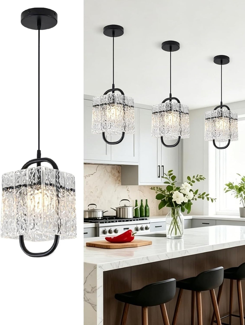 Black Crystal Pendant Light,Luxury Water Ripple Glass Chandelier
