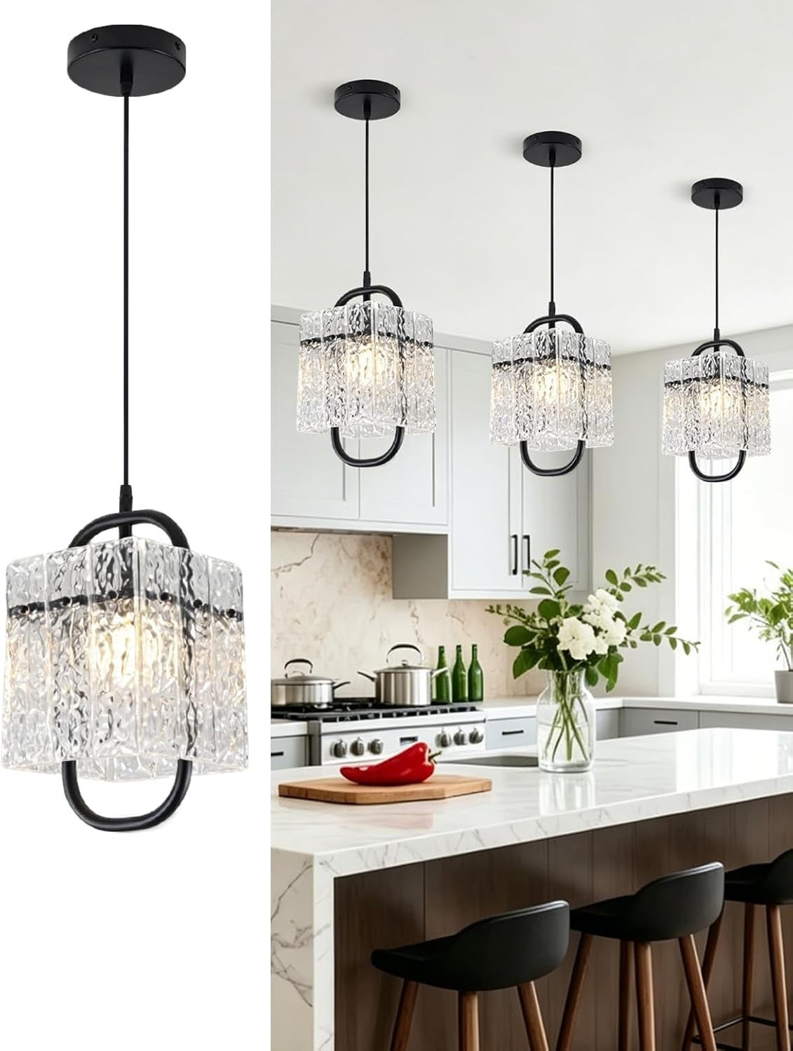 Black Crystal Pendant Light,Luxury Water Ripple Glass Chandelier