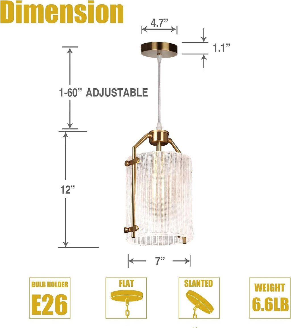 Small Gold Pendant Light Fixtures with Textured Grid Glass Lampshade for Kitchen