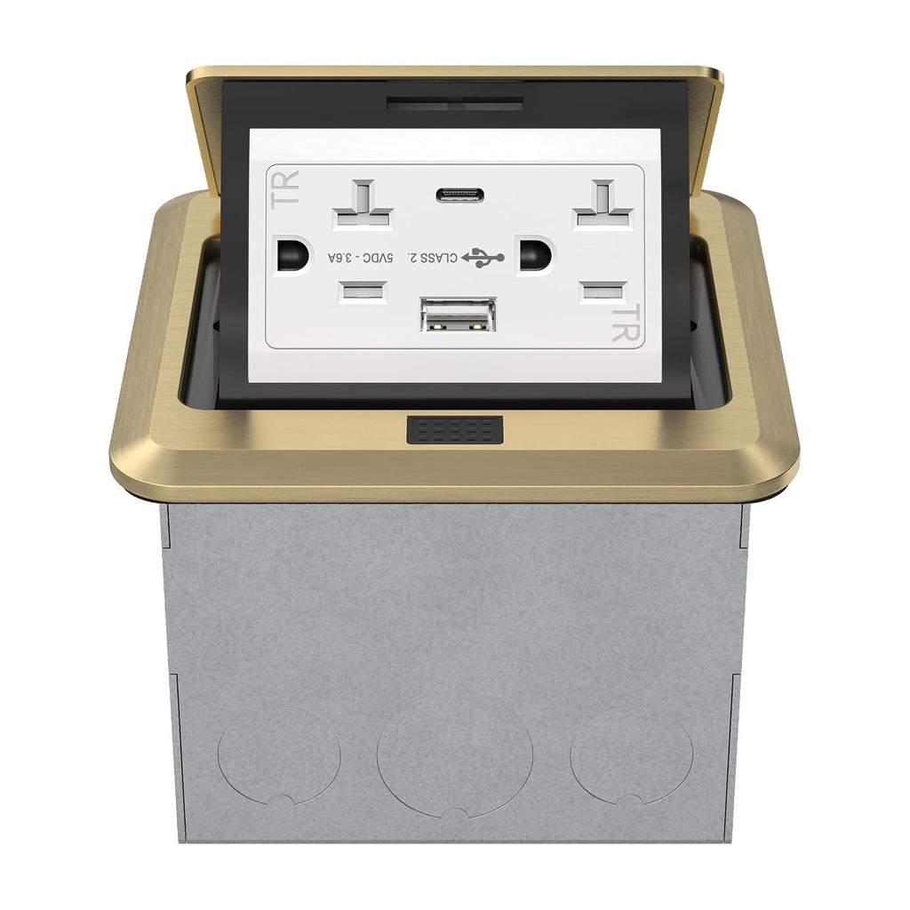 TG Square Pop-Up Floor Box Kit with USB-A/C & 20A Outlet, Brass | 3.6A USB-A/C c