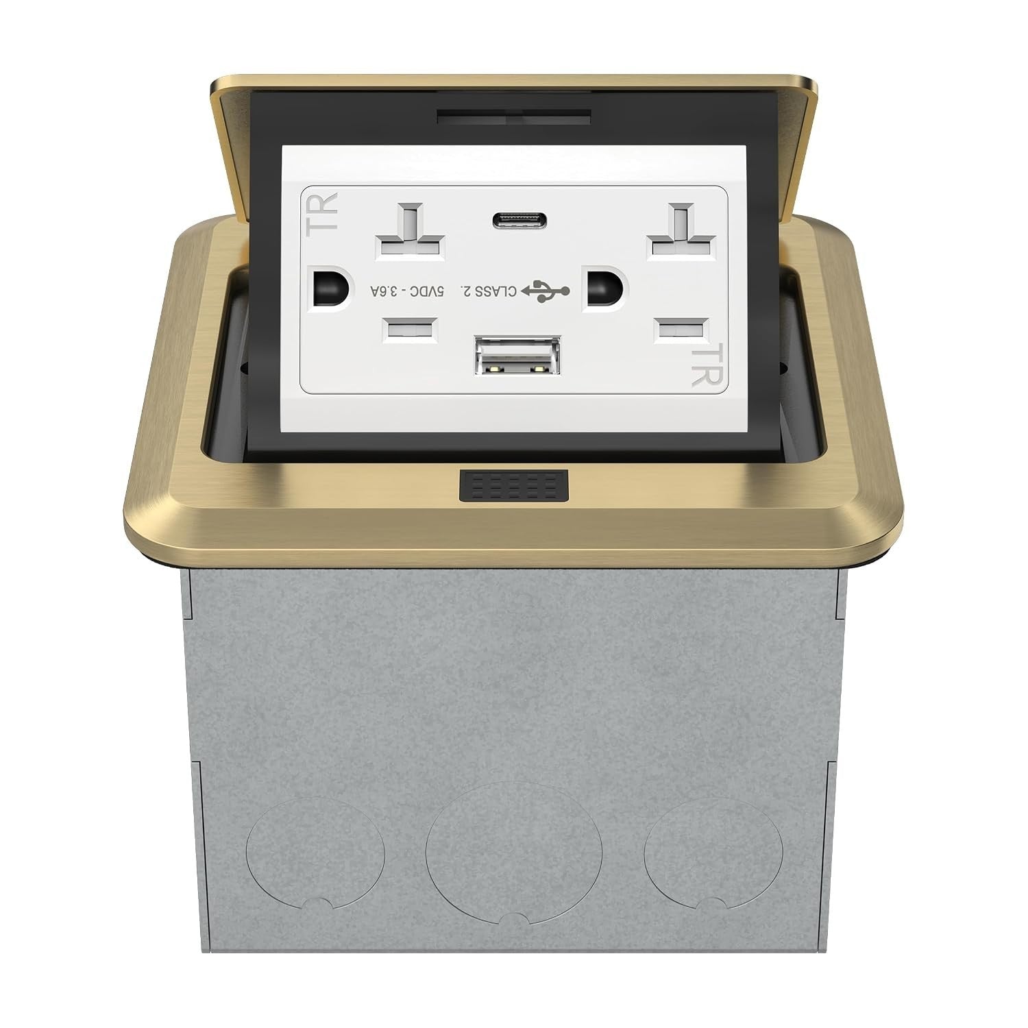 TG Square Pop-Up Floor Box Kit with USB-A/C & 20A Outlet, Brass | 3.6A USB-A/C c