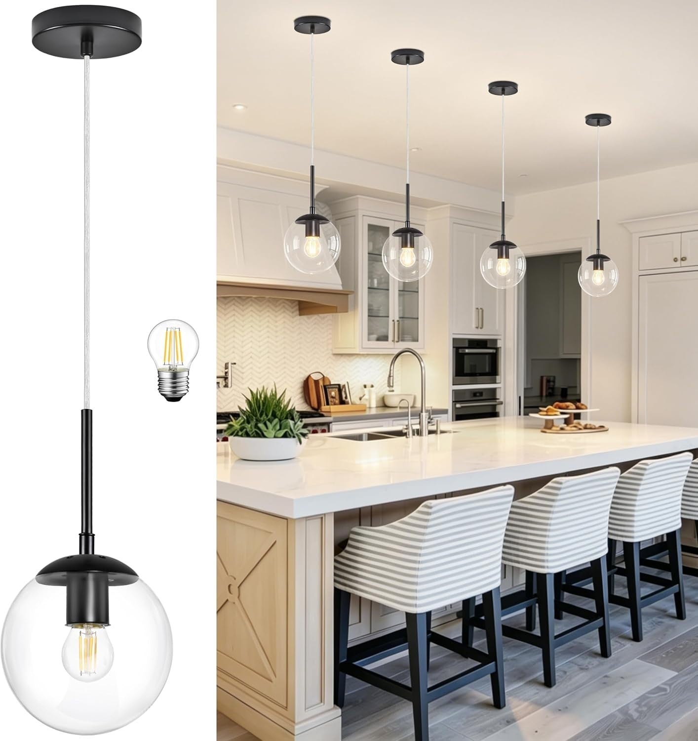 KoKo & Yukina 6" Modern Globe Pendant Light Mid-Century Black Pendant Lights