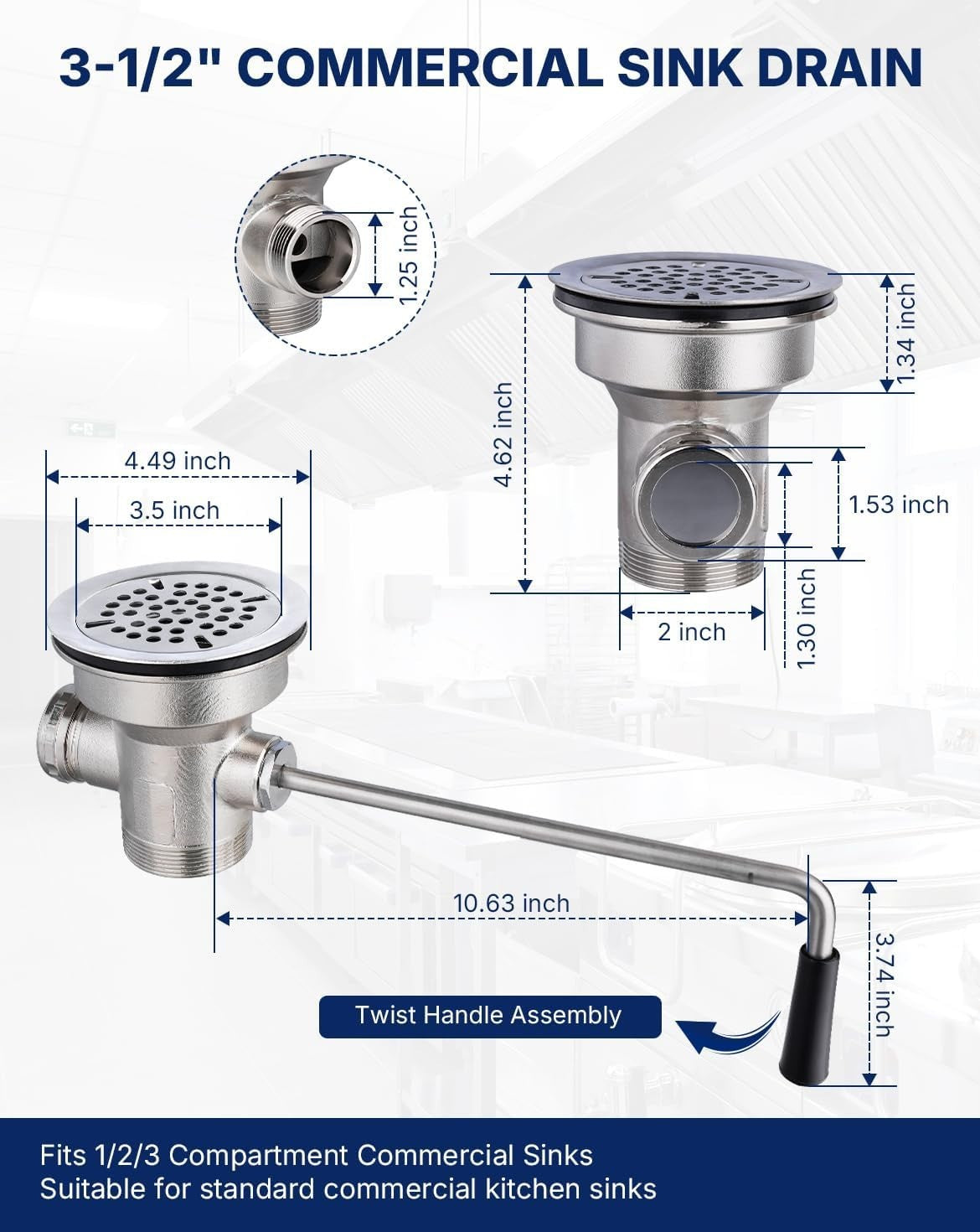 RODPHX 3-1/2" Commercial Sink Drain with Overflow Twist Stainless Steel | Waste