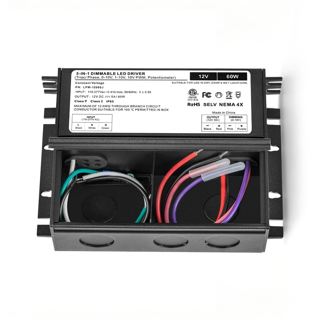 12V Dimmable LED Driver 60W UL&FCC Listed Class 2, Triac ELV/MLV AC 120V to DC 1