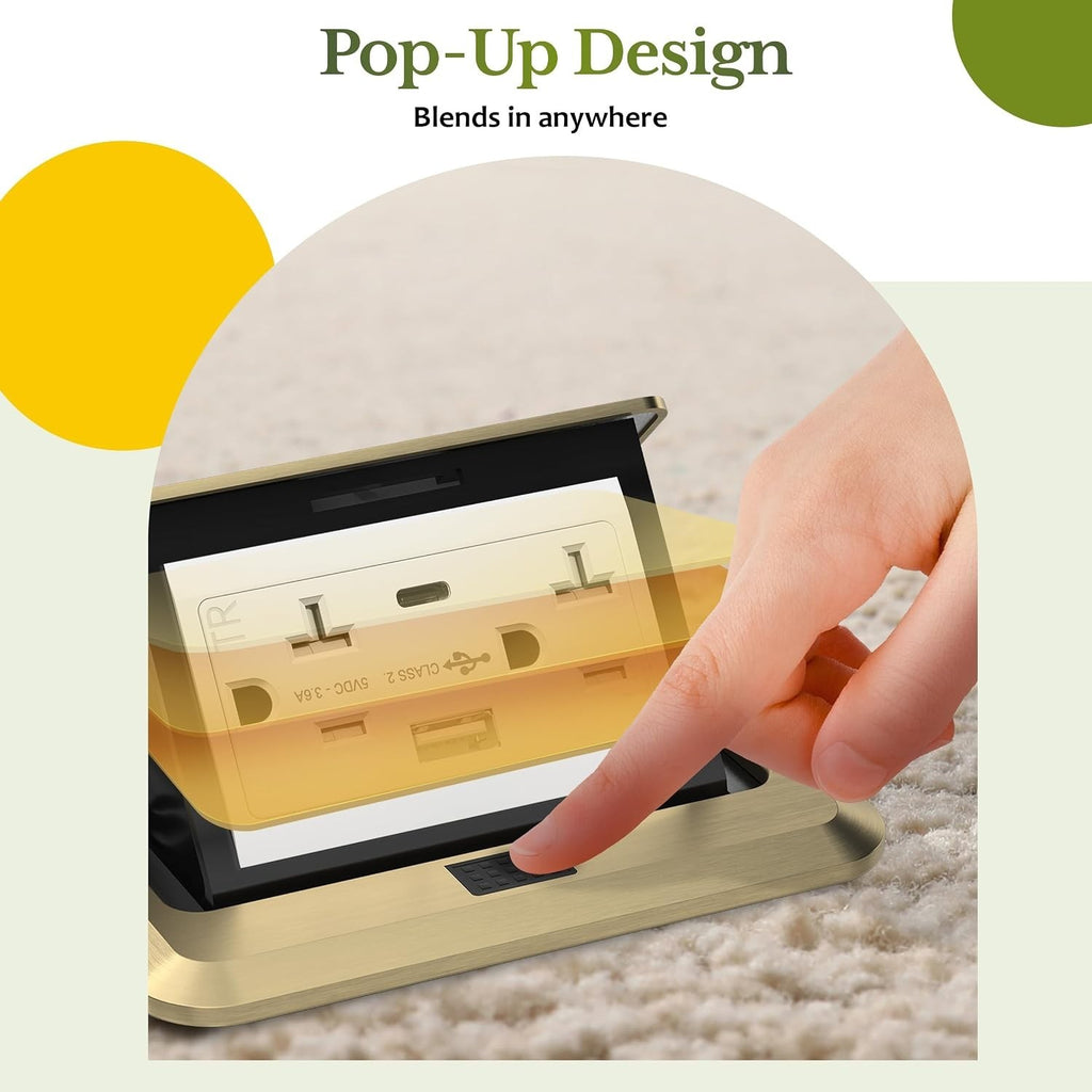 TG Square Pop-Up Floor Box Kit with USB-A/C & 20A Outlet, Brass | 3.6A USB-A/C c