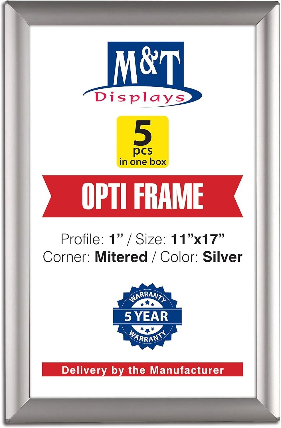 M&T Displays Opti Snap Poster Frame 11x17 Inch Silver 1" Aluminum Profile Front