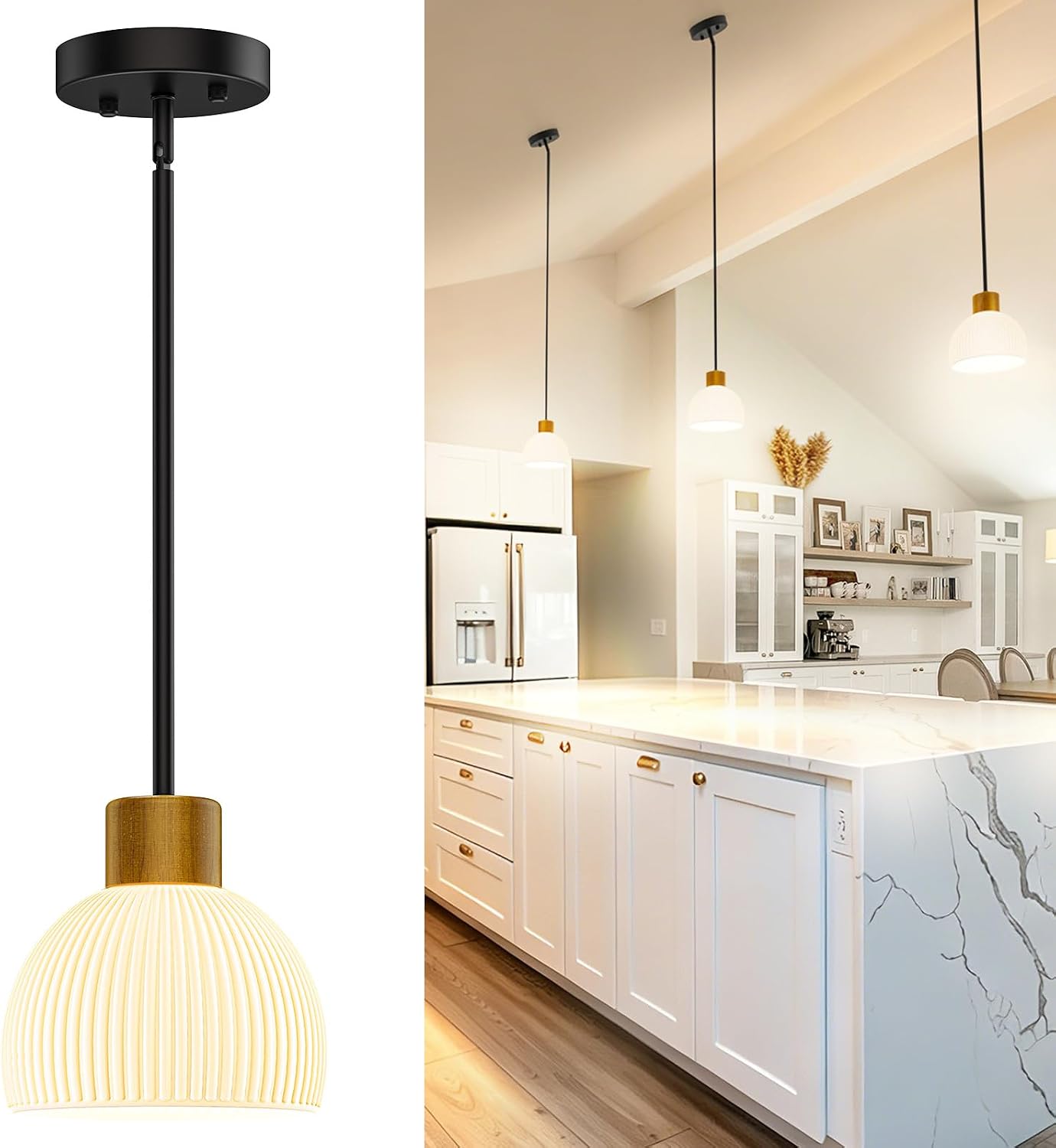 Pendant Lights Kitchen Island, Modern Gold Hanging Light Fixture with Glass Shade, Hardwired Adjustable Metal Rod for Dining Room, Entryway (1, Black)
