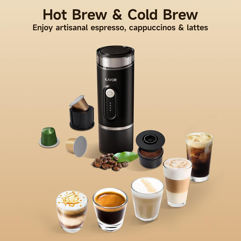 Portable Espresso Machine, 2-in-1 Travel Coffee Maker | 7800mAh battery, hot/cold brew with fast self-heat, for camping RV hiking office, compatible with ground coffee & NS capsules
