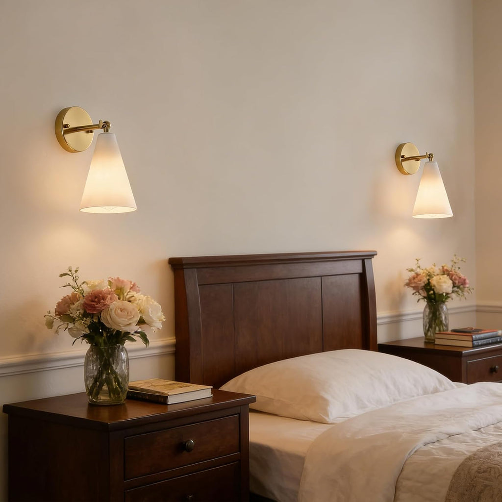 MWZ Gold Wall Sconces Set of 2,Modern Brushed Brass Sconces Lighting with White Glass Shade,Bathroom Light Fixtures Over Mirror,Vanity Lights Over Sink,Indoor Decor Wall Mount Adjustable Angle Lamp